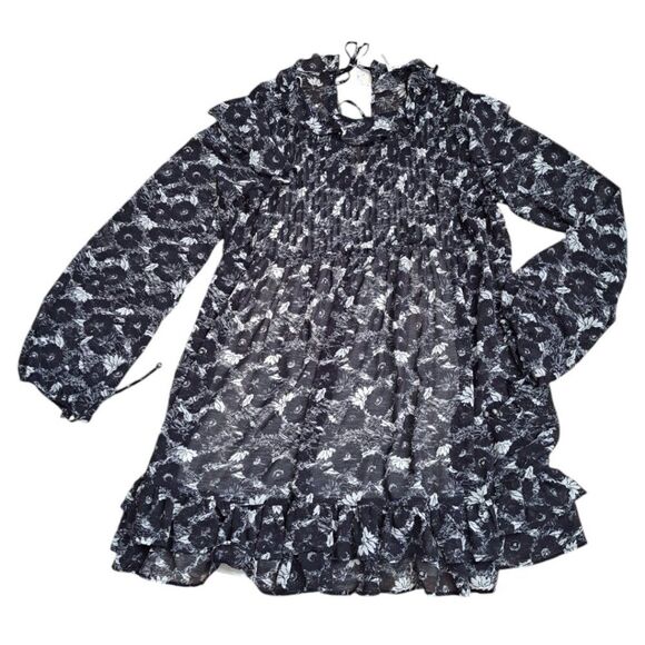 Free People Women's These Dreams Long Sleeve Black Floral Ruffled Neck Sz Med - Picture 2 of 9